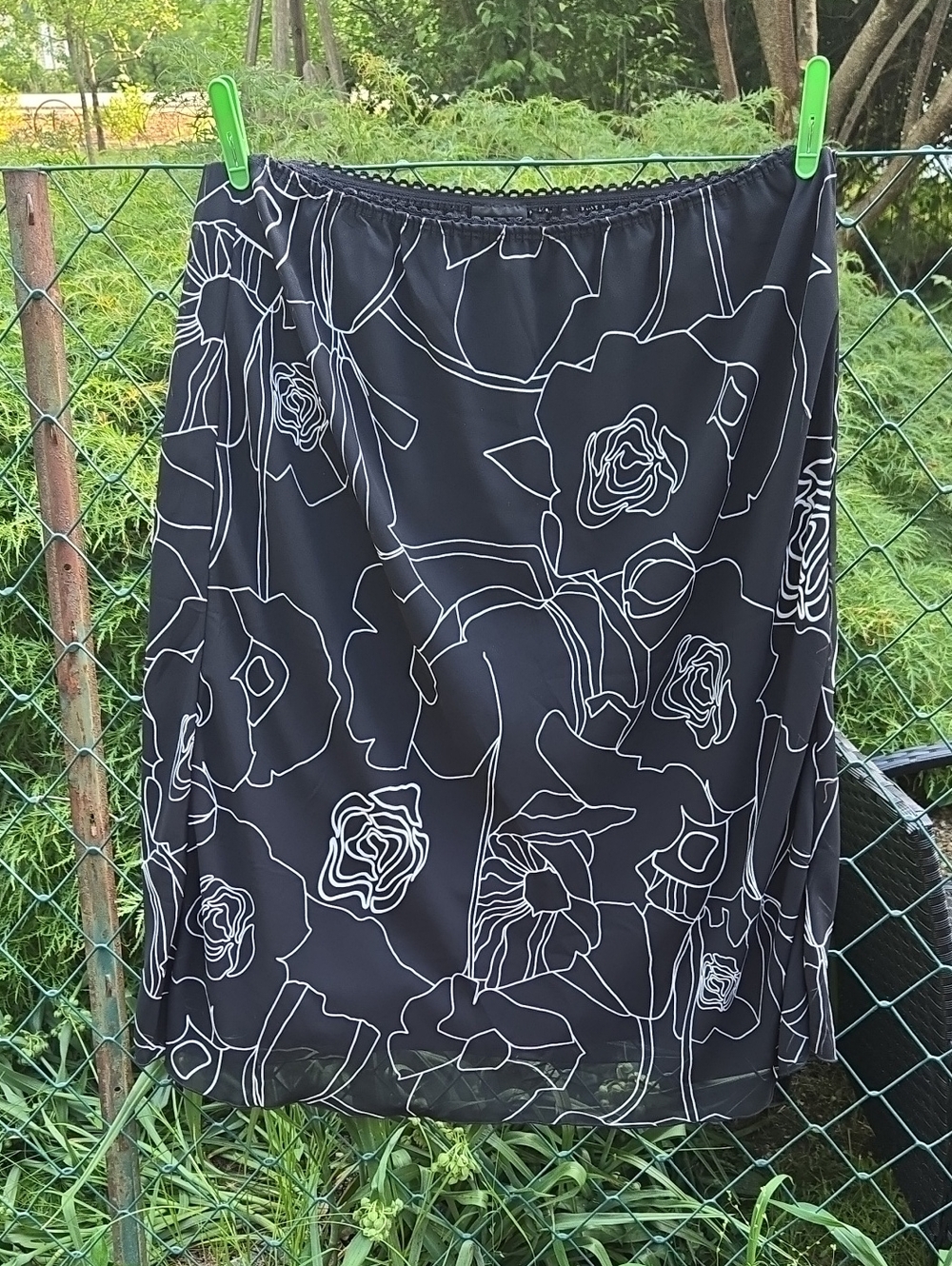 Black Floral Midi Skirt with White Outline